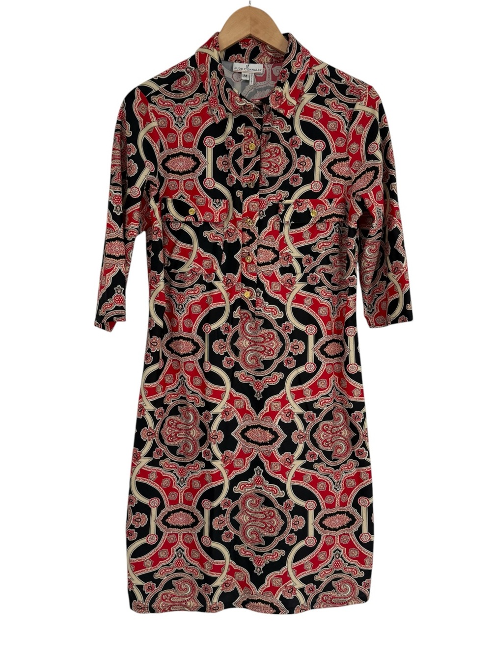 Jude Connally Susanna Shirt Dress Red Black Size M Jude Cloth 1/4 Button Stretch